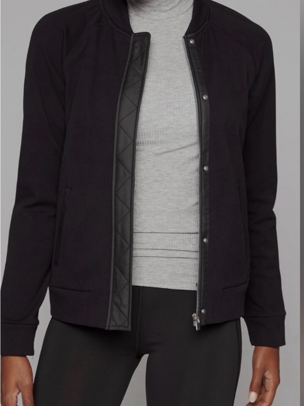 Athleta Stronger Black Quilted-Trim Bomber Jacket - XXS